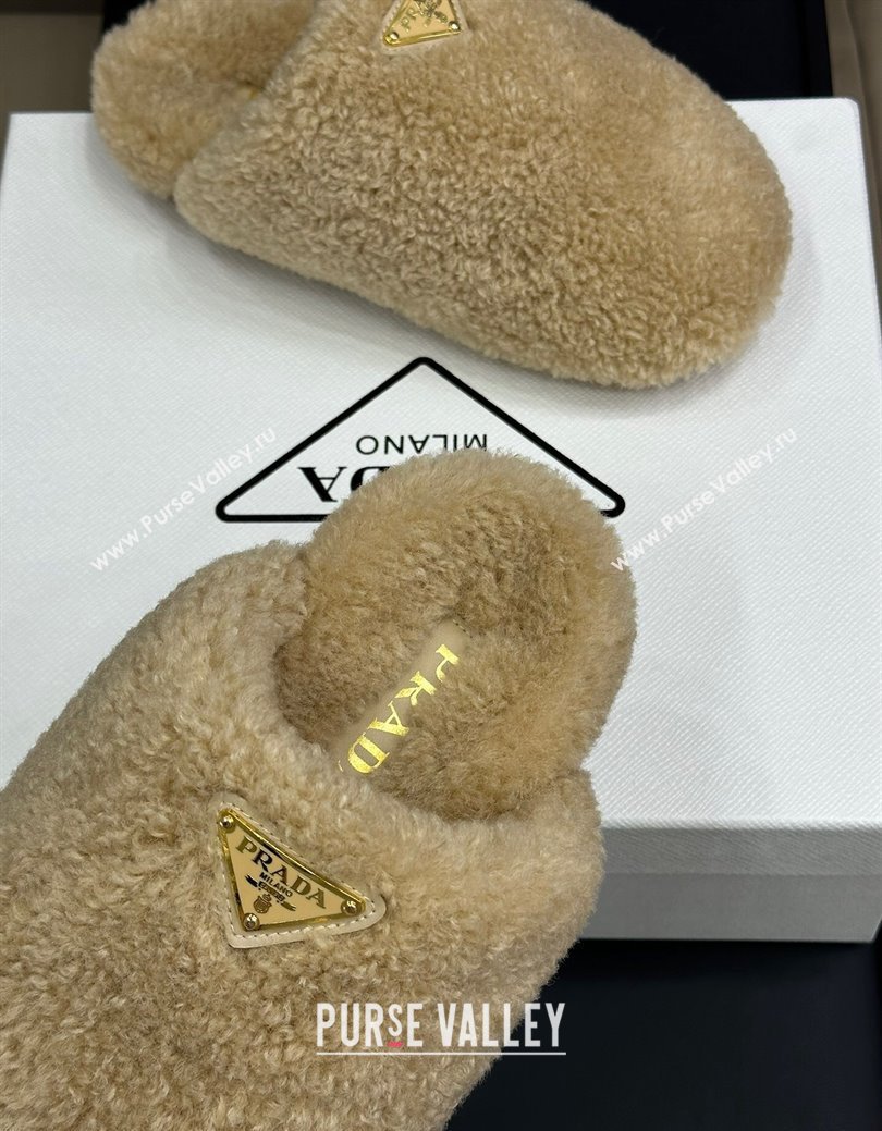 Prada Shearling Wool Flat Mules Beige 2024 PR111506 (SS-241115029)