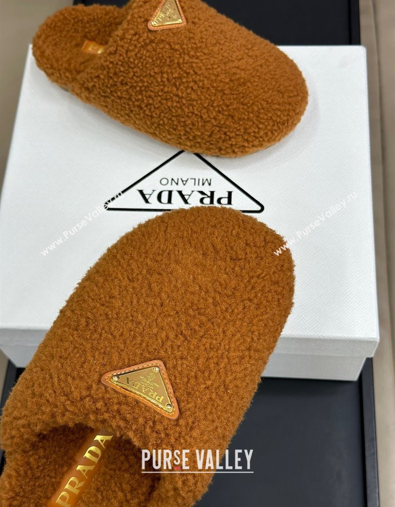 Prada Shearling Wool Flat Mules Brown 2024 PR111506 (SS-241115030)