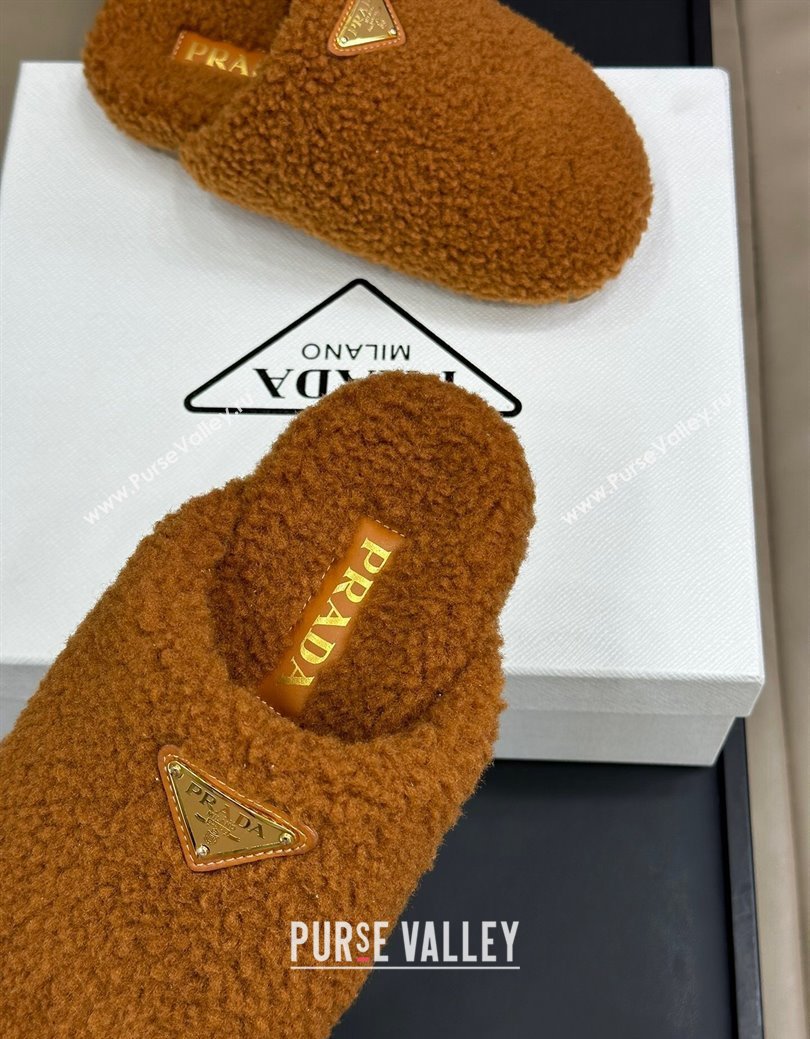 Prada Shearling Wool Flat Mules Brown 2024 PR111506 (SS-241115030)