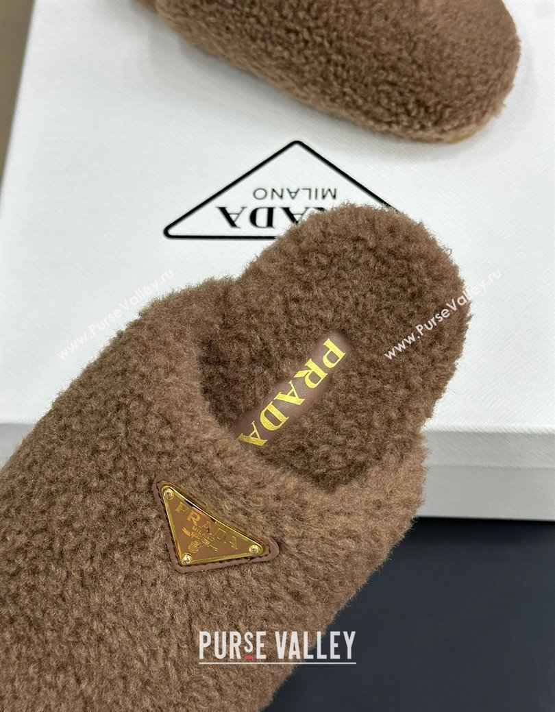 Prada Shearling Wool Flat Mules Khaki 2024 PR111506 (SS-241115031)