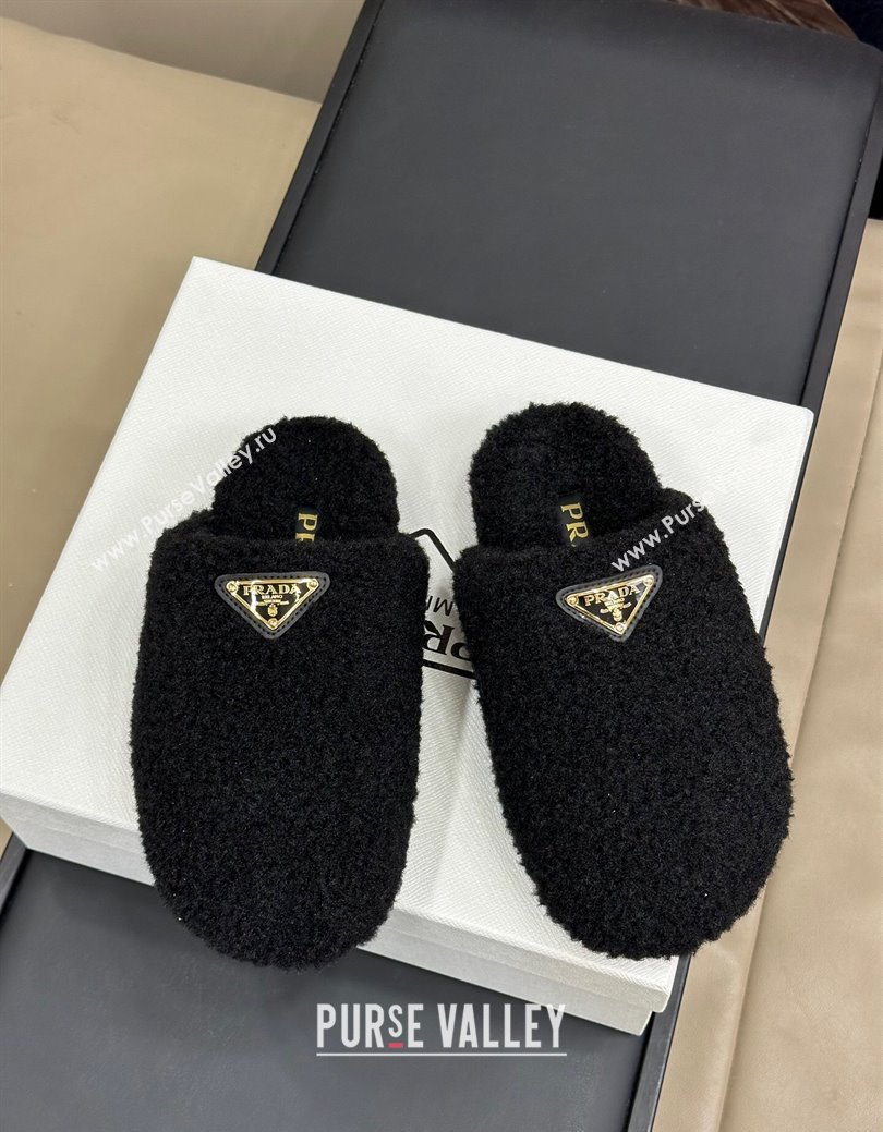 Prada Shearling Wool Flat Mules Black 2024 PR111506 (SS-241115032)