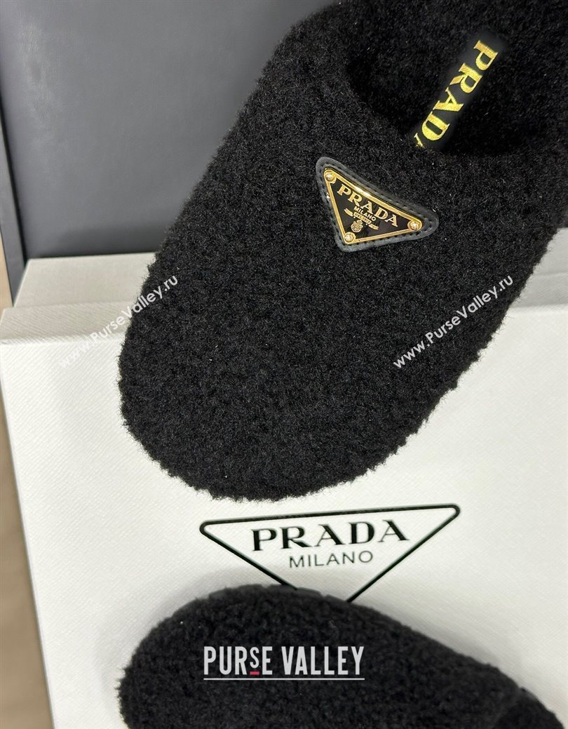 Prada Shearling Wool Flat Mules Black 2024 PR111506 (SS-241115032)