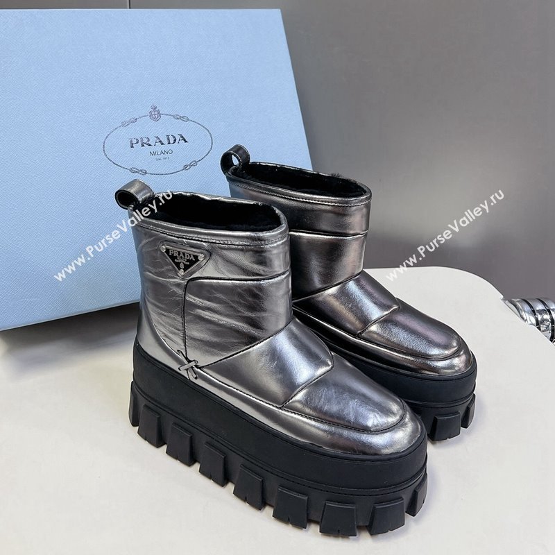 Prada Leather and Wool Platform Ankle Boots 4.5cm Silver 2024 PR111507 (SS-241115040)