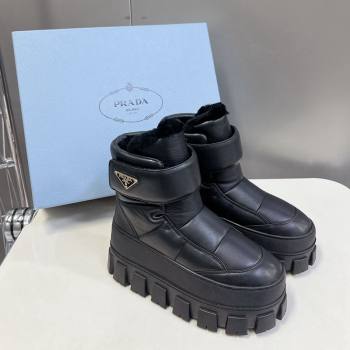 Prada Puffer Leather and Wool Platform Ankle Boots with Strap 4.5cm Black 2024 (SS-241115041)