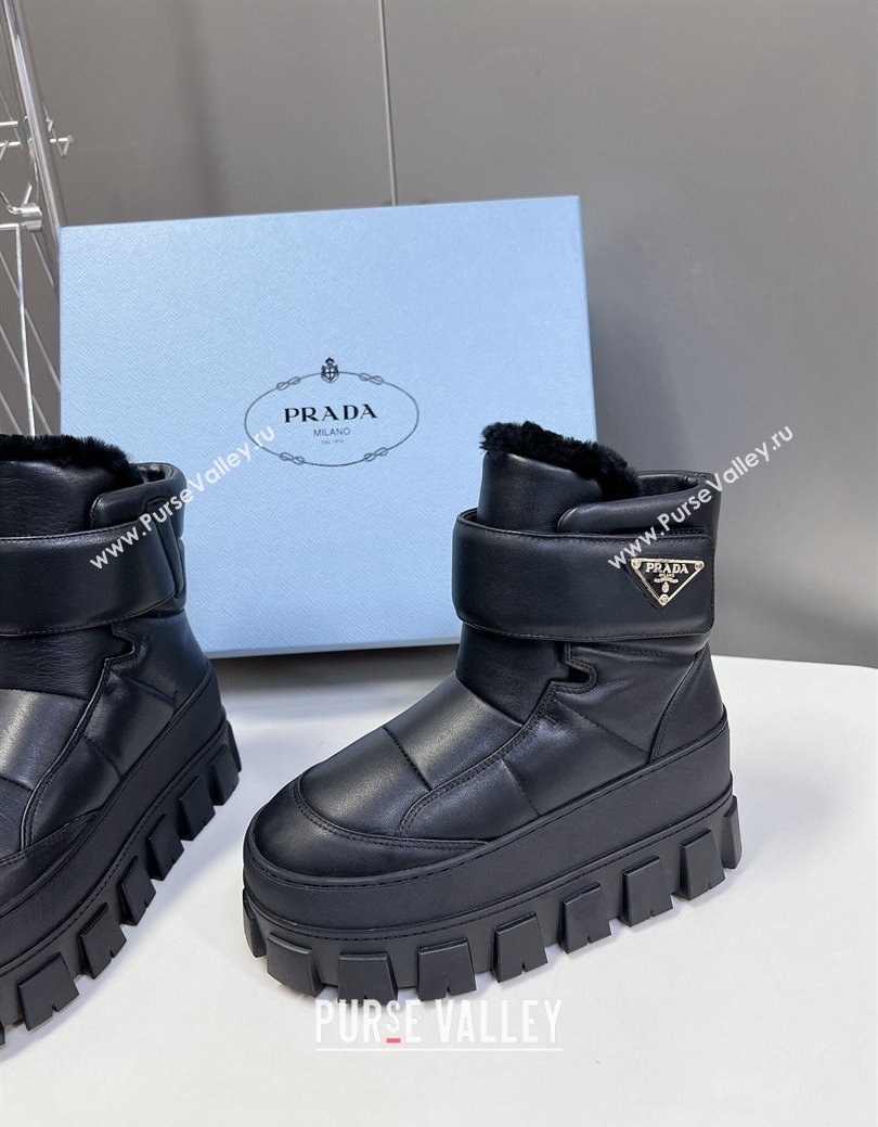 Prada Puffer Leather and Wool Platform Ankle Boots with Strap 4.5cm Black 2024 (SS-241115041)