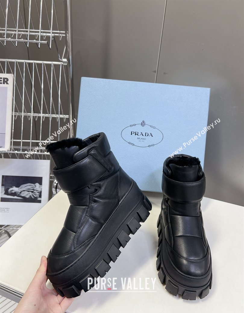 Prada Puffer Leather and Wool Platform Ankle Boots with Strap 4.5cm Black 2024 (SS-241115041)