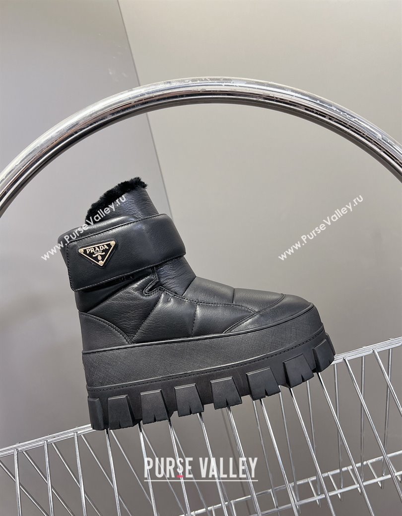 Prada Puffer Leather and Wool Platform Ankle Boots with Strap 4.5cm Black 2024 (SS-241115041)