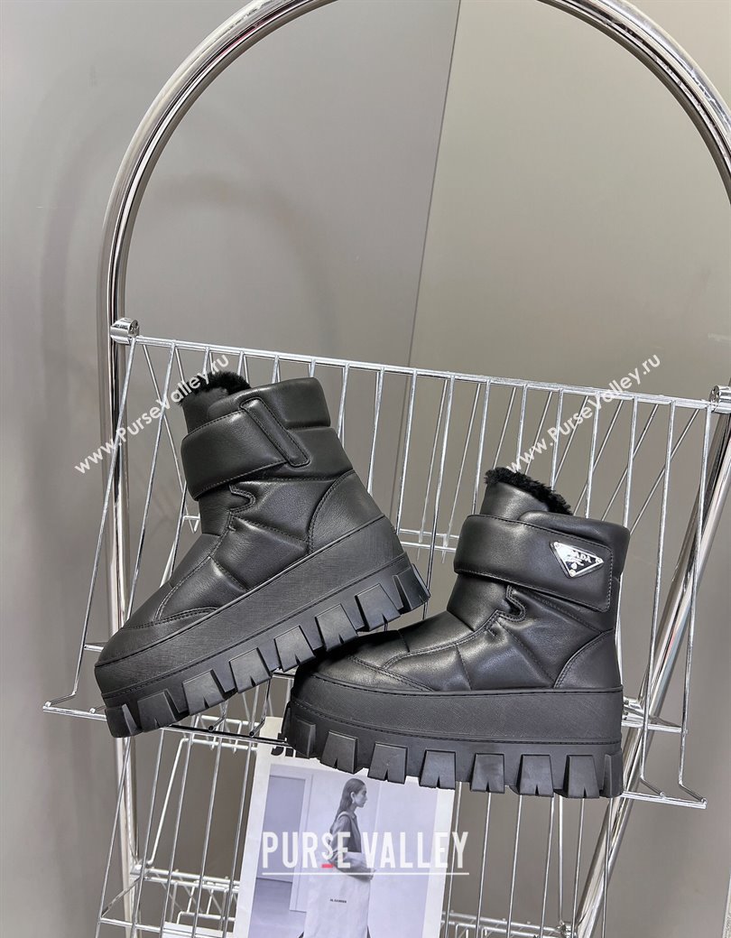 Prada Puffer Leather and Wool Platform Ankle Boots with Strap 4.5cm Black 2024 (SS-241115041)