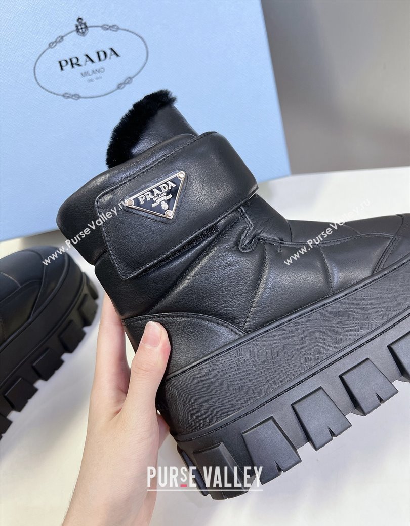 Prada Puffer Leather and Wool Platform Ankle Boots with Strap 4.5cm Black 2024 (SS-241115041)