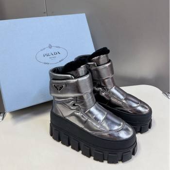 Prada Puffer Leather and Wool Platform Ankle Boots with Strap 4.5cm Silver 2024 (SS-241115042)