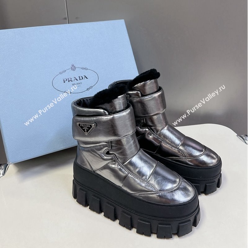 Prada Puffer Leather and Wool Platform Ankle Boots with Strap 4.5cm Silver 2024 (SS-241115042)