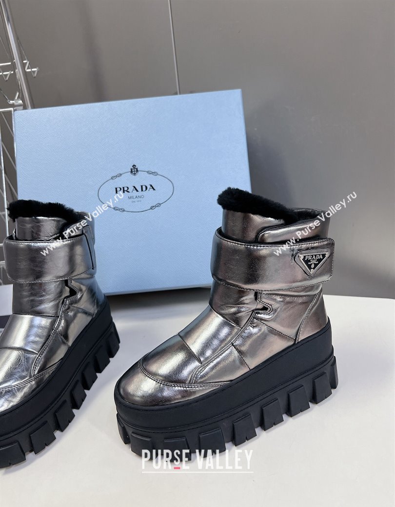 Prada Puffer Leather and Wool Platform Ankle Boots with Strap 4.5cm Silver 2024 (SS-241115042)