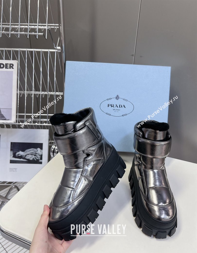 Prada Puffer Leather and Wool Platform Ankle Boots with Strap 4.5cm Silver 2024 (SS-241115042)