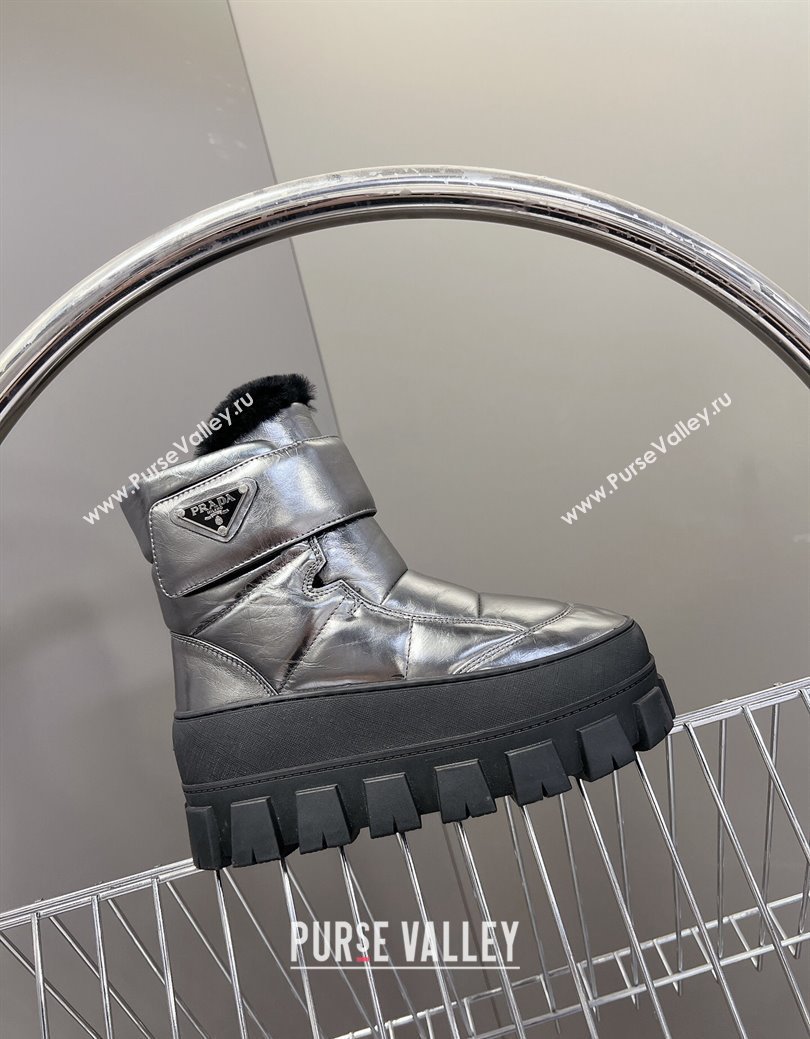 Prada Puffer Leather and Wool Platform Ankle Boots with Strap 4.5cm Silver 2024 (SS-241115042)