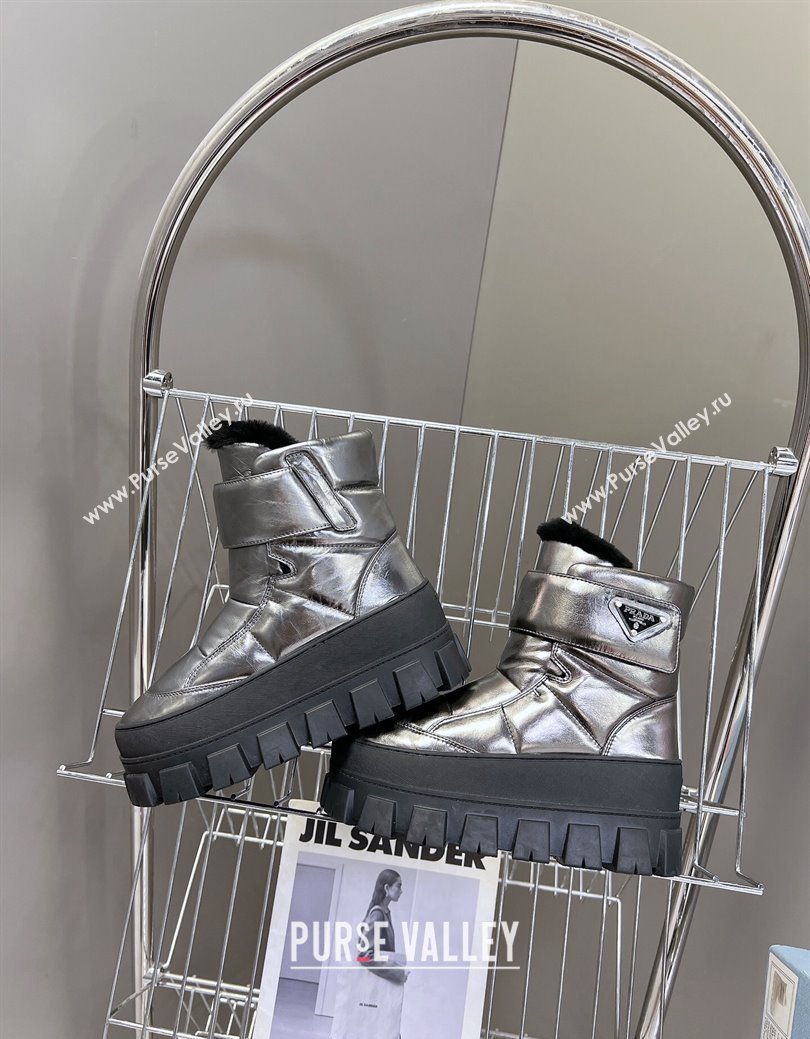 Prada Puffer Leather and Wool Platform Ankle Boots with Strap 4.5cm Silver 2024 (SS-241115042)