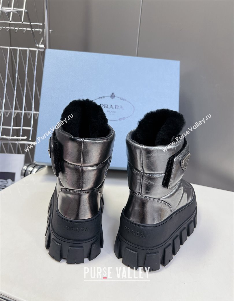 Prada Puffer Leather and Wool Platform Ankle Boots with Strap 4.5cm Silver 2024 (SS-241115042)