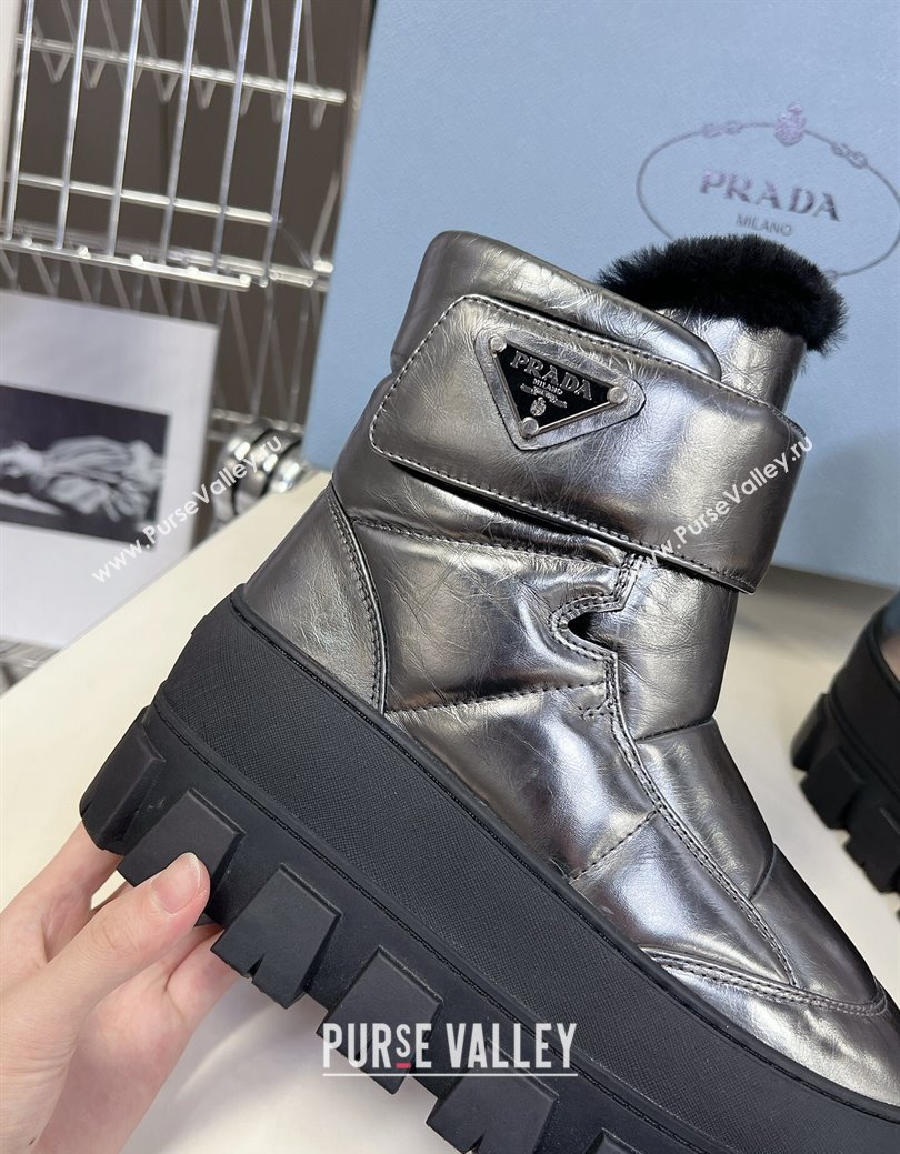 Prada Puffer Leather and Wool Platform Ankle Boots with Strap 4.5cm Silver 2024 (SS-241115042)