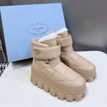 Prada Puffer Leather and Wool Platform Ankle Boots with Strap 4.5cm Beige 2024 (SS-241115043)