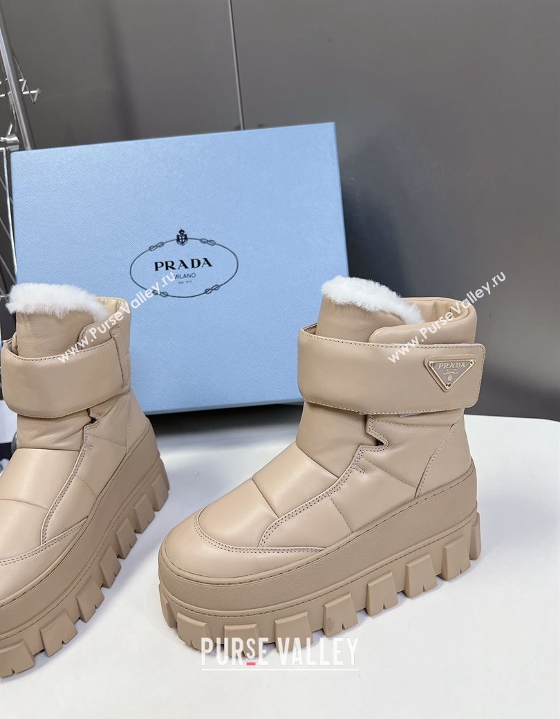 Prada Puffer Leather and Wool Platform Ankle Boots with Strap 4.5cm Beige 2024 (SS-241115043)