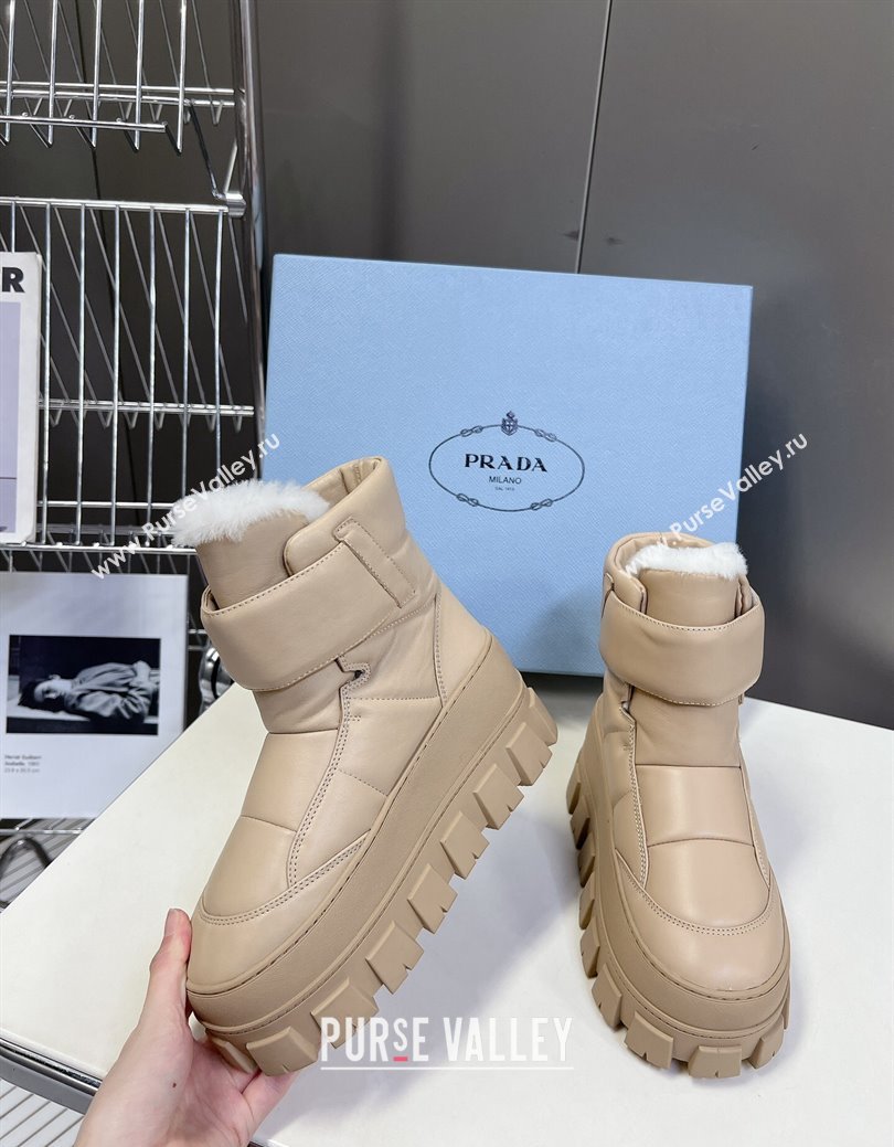 Prada Puffer Leather and Wool Platform Ankle Boots with Strap 4.5cm Beige 2024 (SS-241115043)