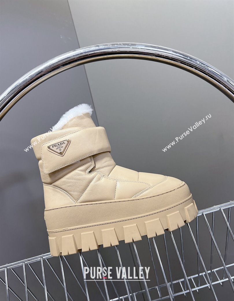 Prada Puffer Leather and Wool Platform Ankle Boots with Strap 4.5cm Beige 2024 (SS-241115043)