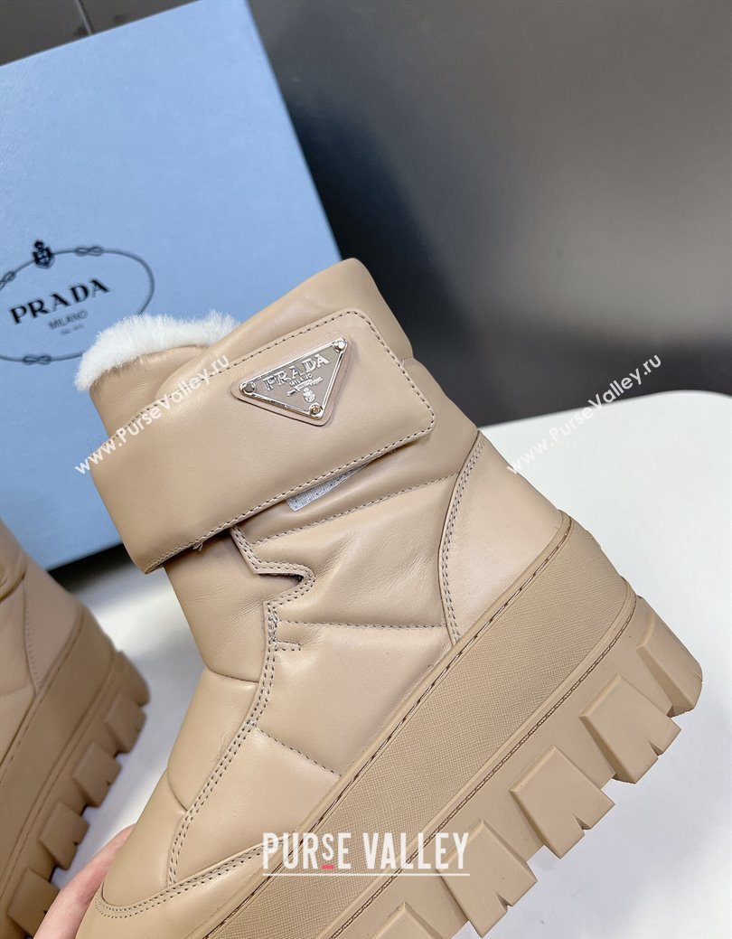 Prada Puffer Leather and Wool Platform Ankle Boots with Strap 4.5cm Beige 2024 (SS-241115043)