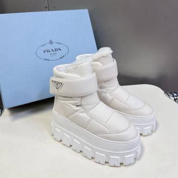 Prada Puffer Leather and Wool Platform Ankle Boots with Strap 4.5cm White 2024 (SS-241115044)