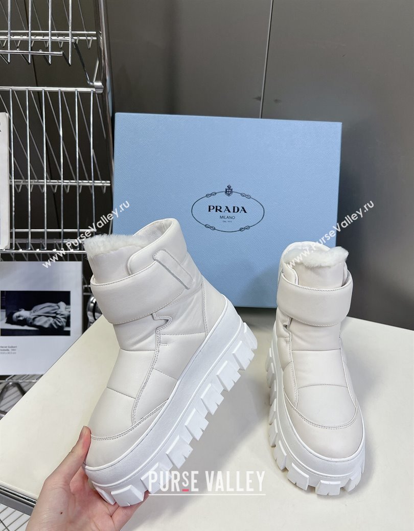 Prada Puffer Leather and Wool Platform Ankle Boots with Strap 4.5cm White 2024 (SS-241115044)