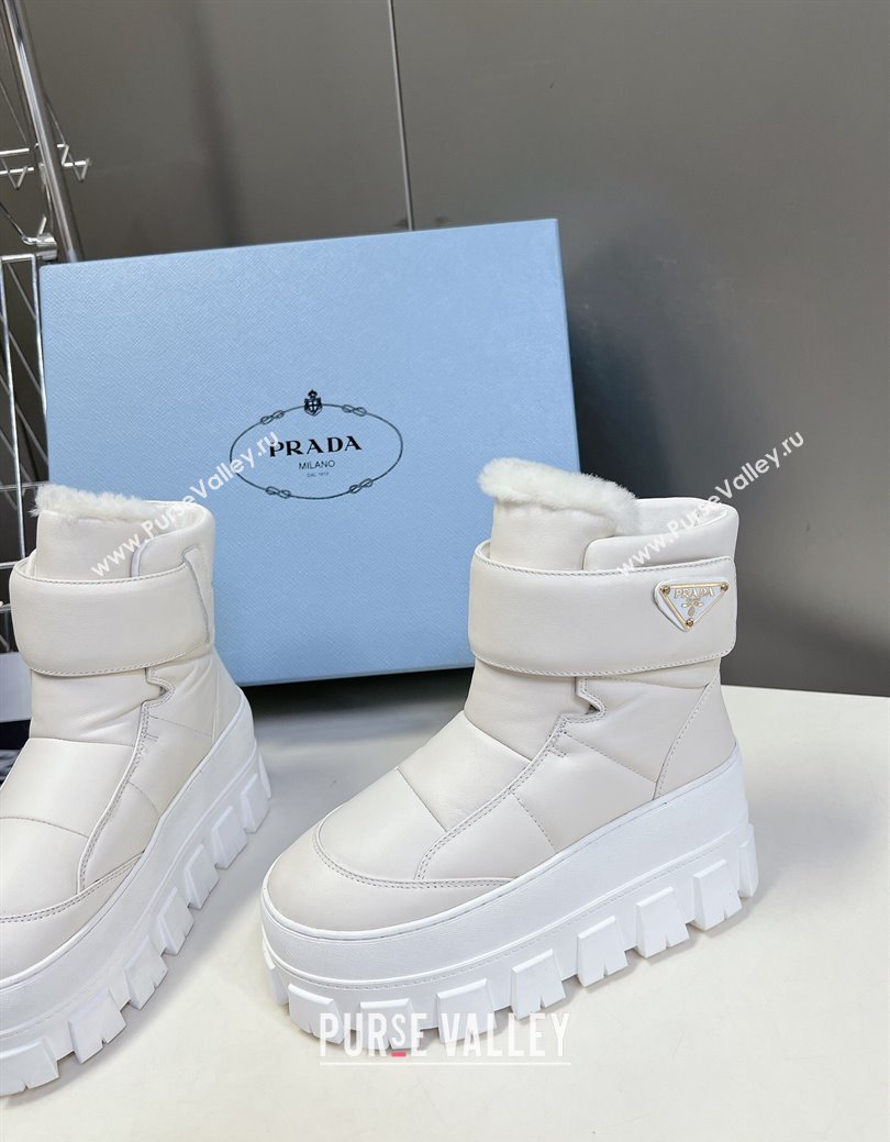 Prada Puffer Leather and Wool Platform Ankle Boots with Strap 4.5cm White 2024 (SS-241115044)