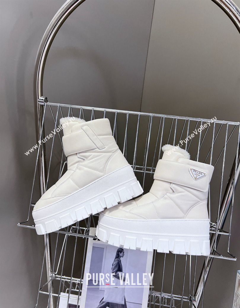 Prada Puffer Leather and Wool Platform Ankle Boots with Strap 4.5cm White 2024 (SS-241115044)