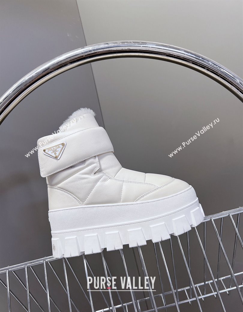 Prada Puffer Leather and Wool Platform Ankle Boots with Strap 4.5cm White 2024 (SS-241115044)