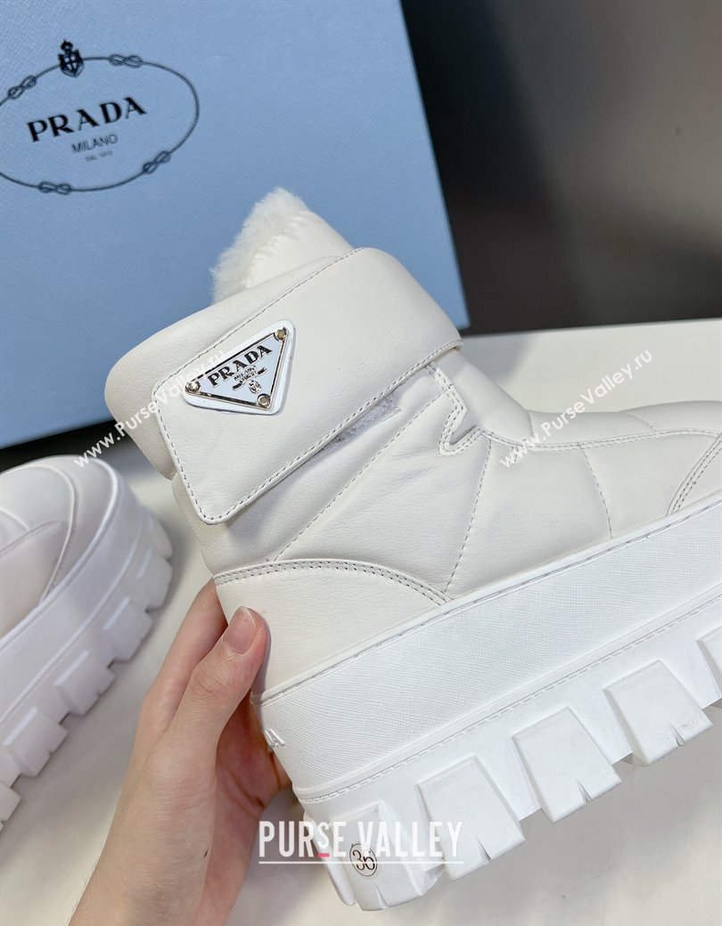 Prada Puffer Leather and Wool Platform Ankle Boots with Strap 4.5cm White 2024 (SS-241115044)