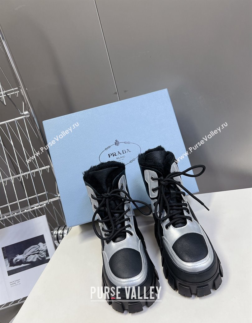 Prada Puffer Leather and Wool Platform Laced up Ankle Boots 4.5cm Black/Silver 2024 (SS-241115045)