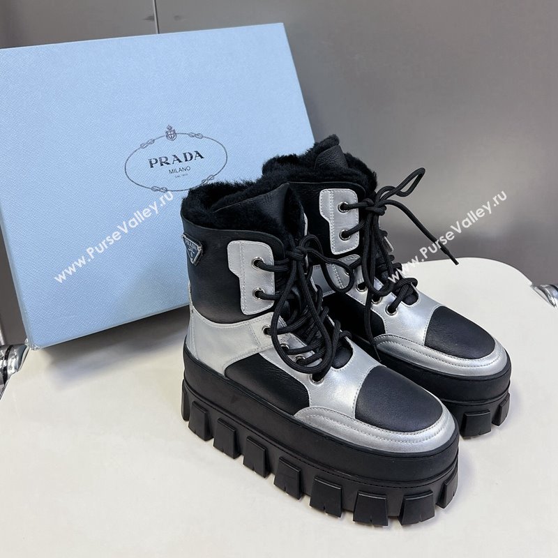 Prada Puffer Leather and Wool Platform Laced up Ankle Boots 4.5cm Black/Silver 2024 (SS-241115045)