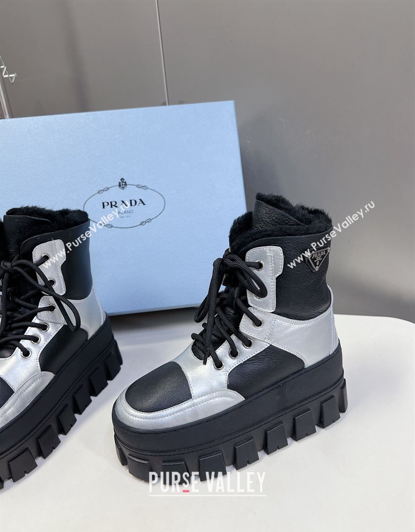 Prada Puffer Leather and Wool Platform Laced up Ankle Boots 4.5cm Black/Silver 2024 (SS-241115045)