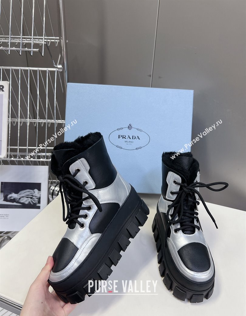 Prada Puffer Leather and Wool Platform Laced up Ankle Boots 4.5cm Black/Silver 2024 (SS-241115045)