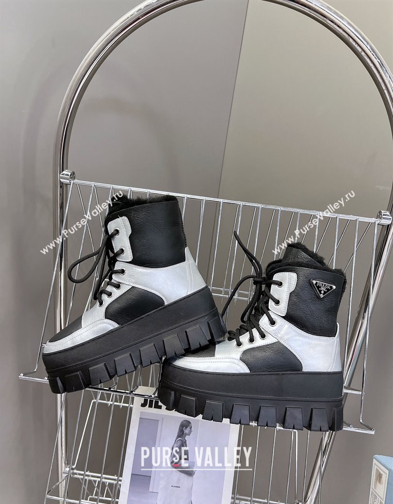 Prada Puffer Leather and Wool Platform Laced up Ankle Boots 4.5cm Black/Silver 2024 (SS-241115045)