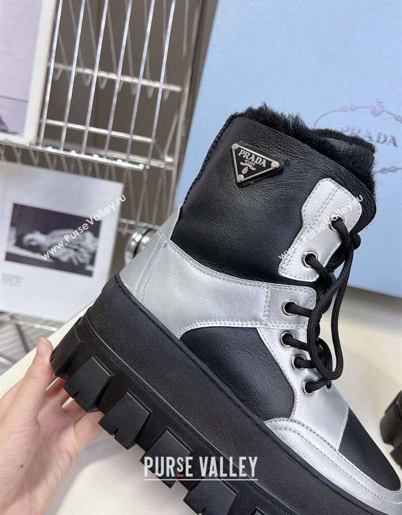 Prada Puffer Leather and Wool Platform Laced up Ankle Boots 4.5cm Black/Silver 2024 (SS-241115045)