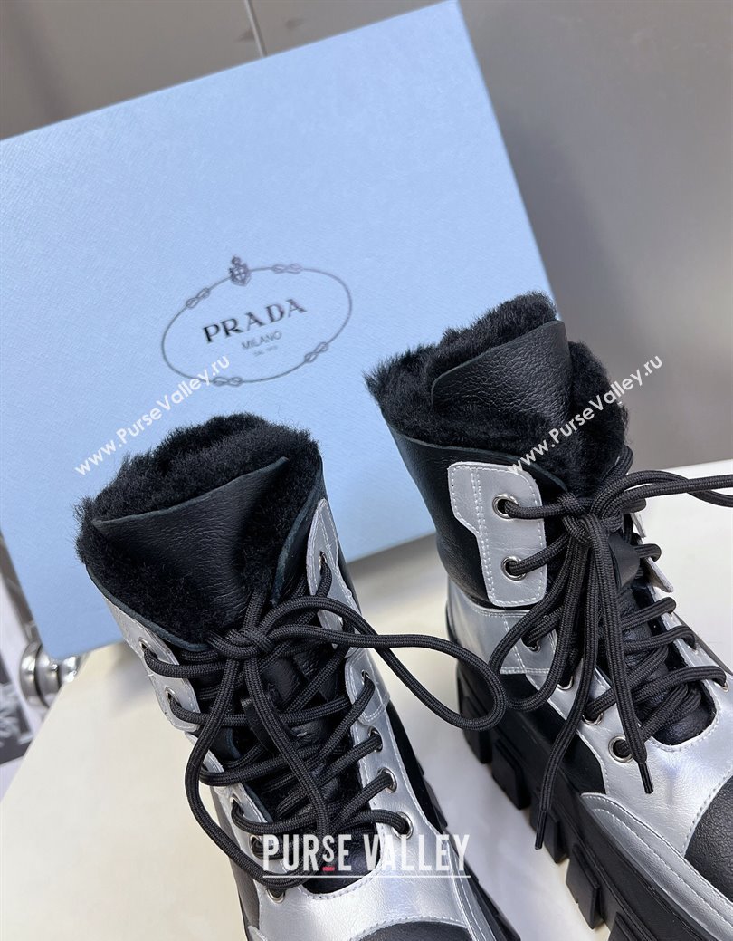 Prada Puffer Leather and Wool Platform Laced up Ankle Boots 4.5cm Black/Silver 2024 (SS-241115045)