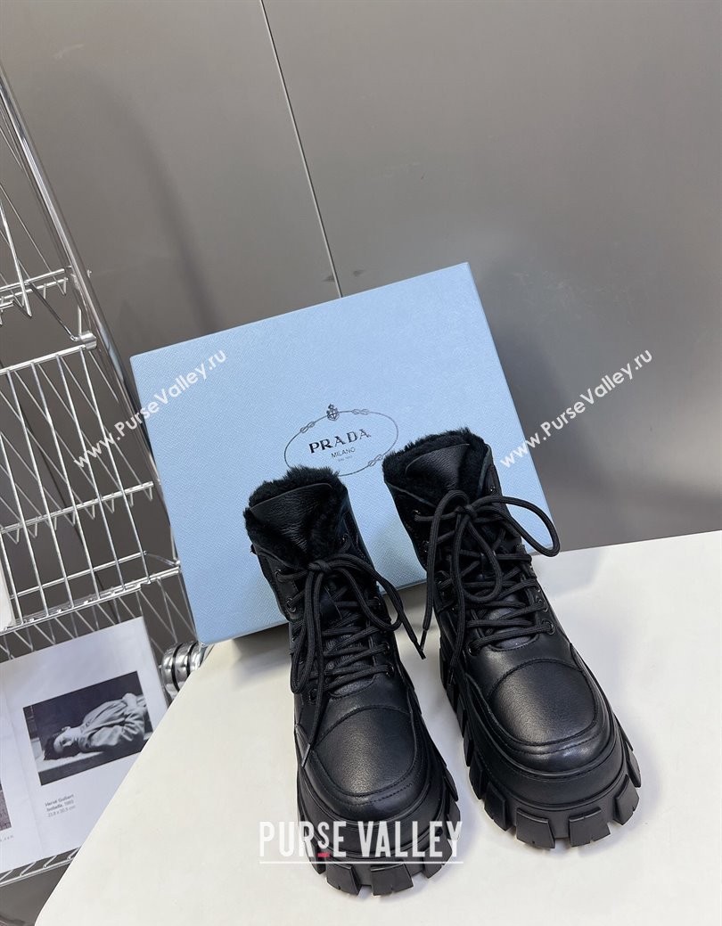 Prada Puffer Leather and Wool Platform Laced up Ankle Boots 4.5cm Black2 2024 (SS-241115046)