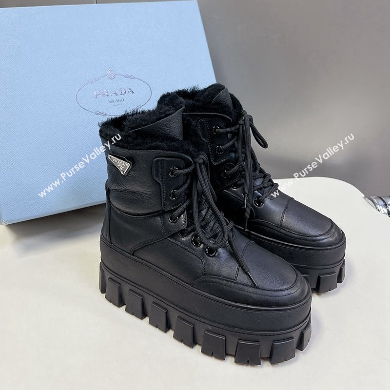 Prada Puffer Leather and Wool Platform Laced up Ankle Boots 4.5cm Black2 2024 (SS-241115046)