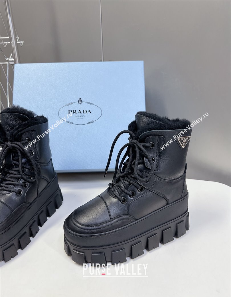 Prada Puffer Leather and Wool Platform Laced up Ankle Boots 4.5cm Black2 2024 (SS-241115046)