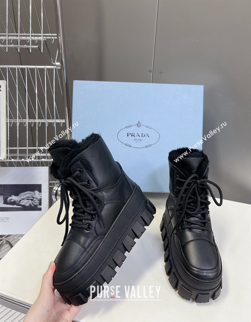 Prada Puffer Leather and Wool Platform Laced up Ankle Boots 4.5cm Black2 2024 (SS-241115046)