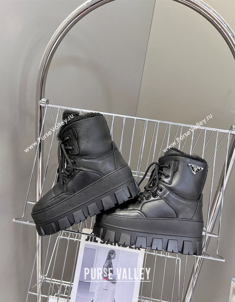 Prada Puffer Leather and Wool Platform Laced up Ankle Boots 4.5cm Black2 2024 (SS-241115046)