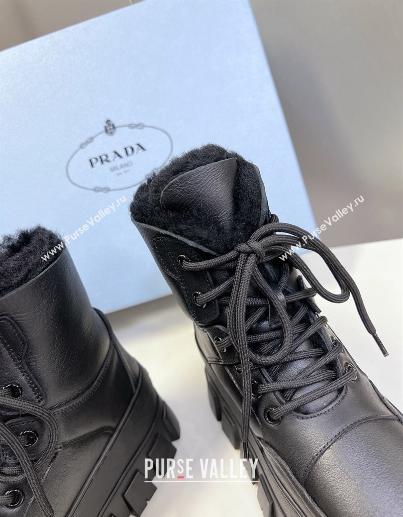 Prada Puffer Leather and Wool Platform Laced up Ankle Boots 4.5cm Black2 2024 (SS-241115046)