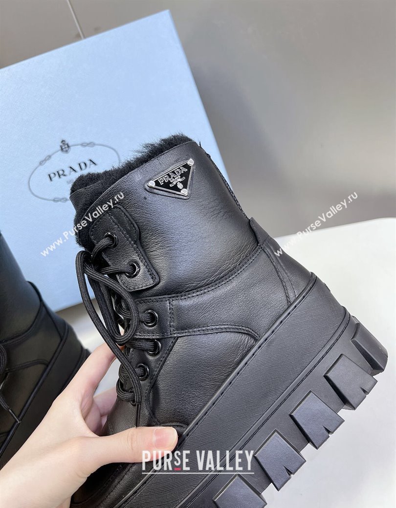 Prada Puffer Leather and Wool Platform Laced up Ankle Boots 4.5cm Black2 2024 (SS-241115046)