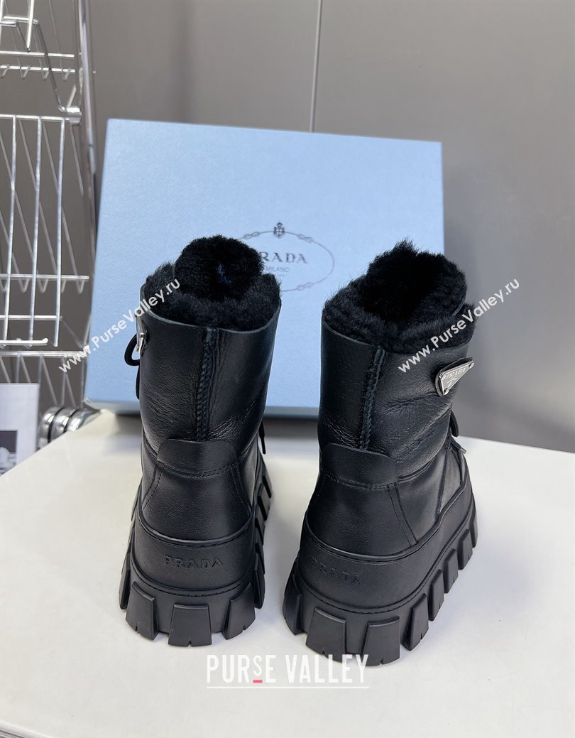 Prada Puffer Leather and Wool Platform Laced up Ankle Boots 4.5cm Black2 2024 (SS-241115046)