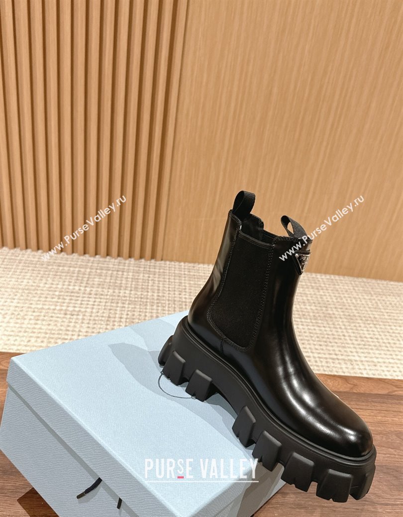 Prada Monolith Brushed Leather Platform Ankle Boots Black 2024 PR111402 (KL-241114122)