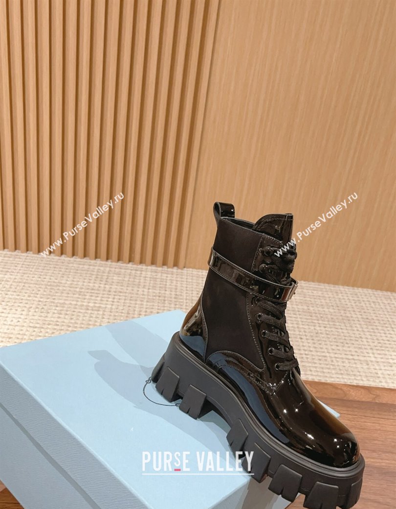 Prada Monolith Patent Leather and Nylon Platform Ankle Boots with Buckle Black 2024 (KL-241114125)