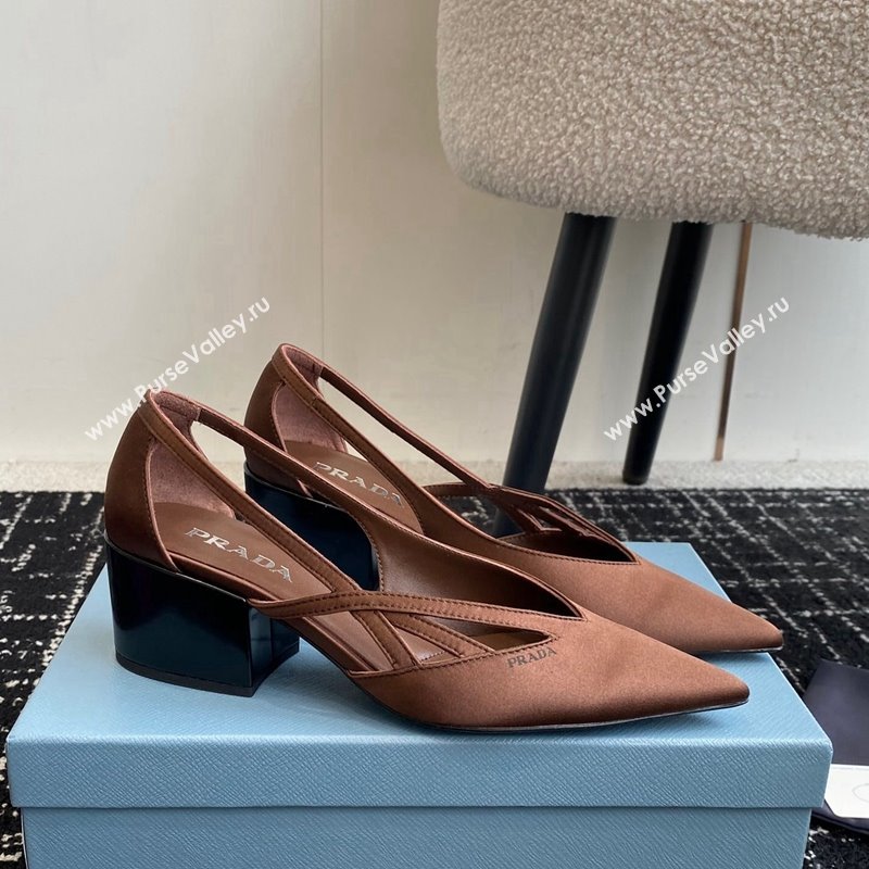 Prada Satin cut-out pumps 6.5cm Coffee Brown 2024 1I741N (KL-241115059)